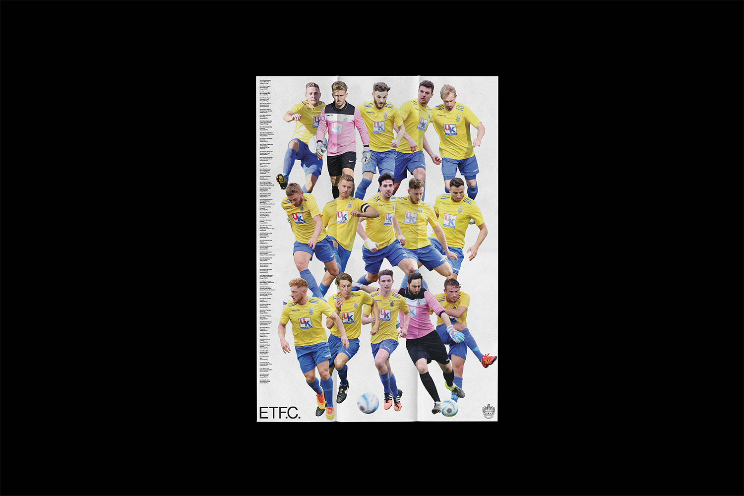 Collage poster of Eastbourne Town FC football players in yellow shirts and blue shorts against a white background