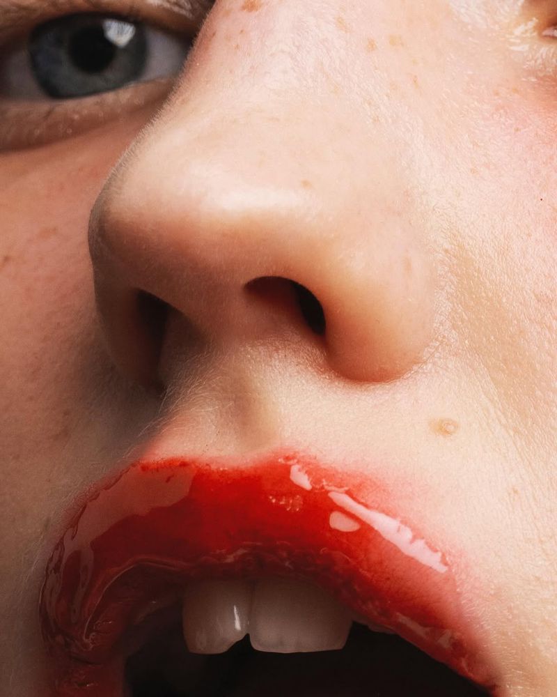 Extreme close-up of a woman's face, featuring glossy red lipstick on her lips, visible nose, and eye. Focus on beauty and makeup details.