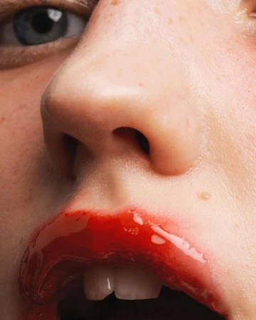 Extreme close-up of a woman's face, featuring glossy red lipstick on her lips, visible nose, and eye. Focus on beauty and makeup details.