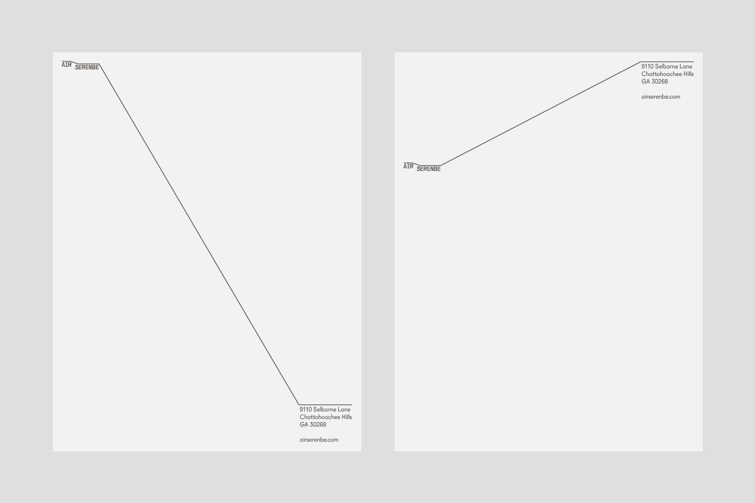 Minimalist stationery design featuring brand typography and diagonal accent lines on white paper