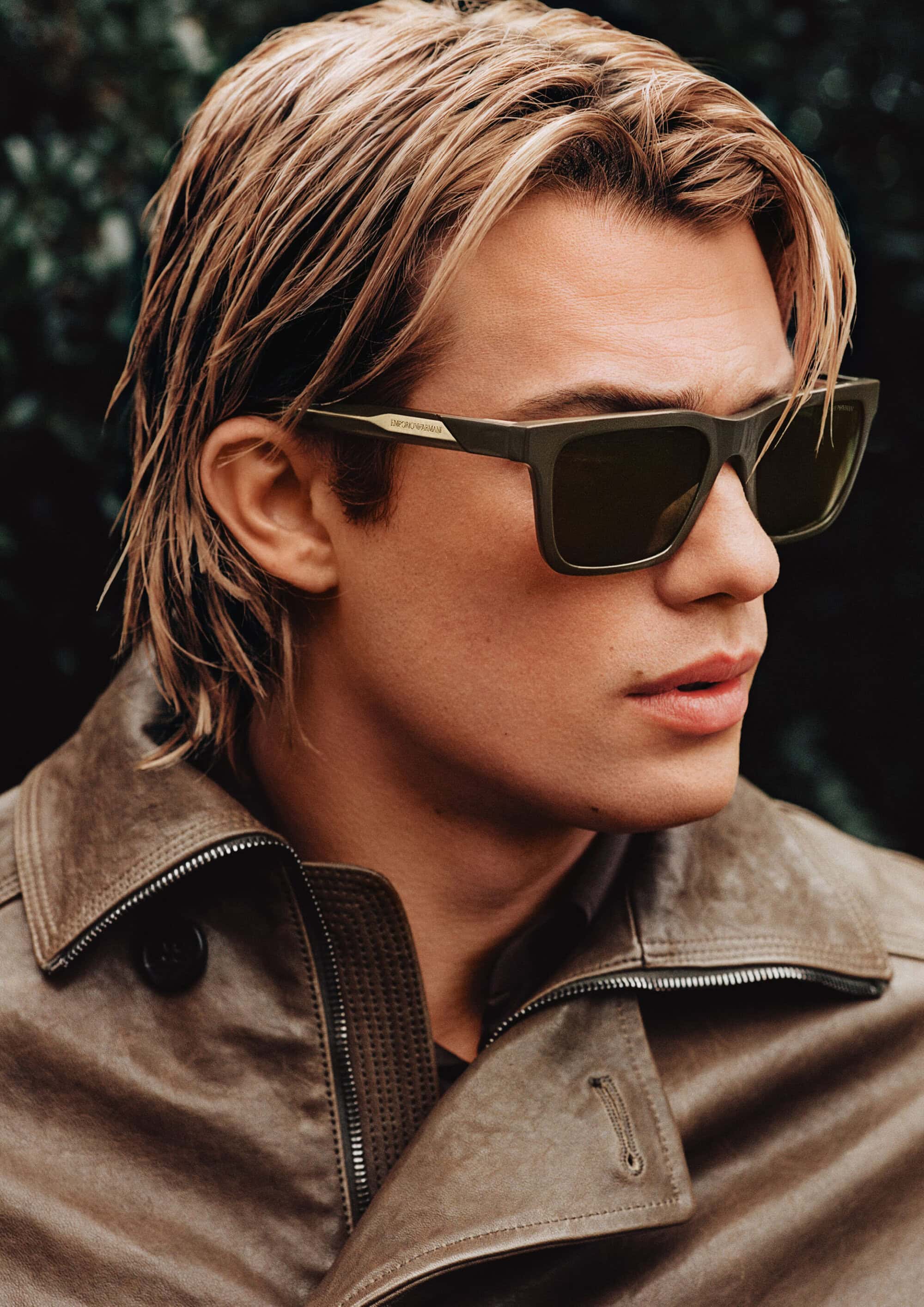Nicholas Galitzine wearing sunglasses and leather jacket for Emporio Armani Fall 2025 campaign