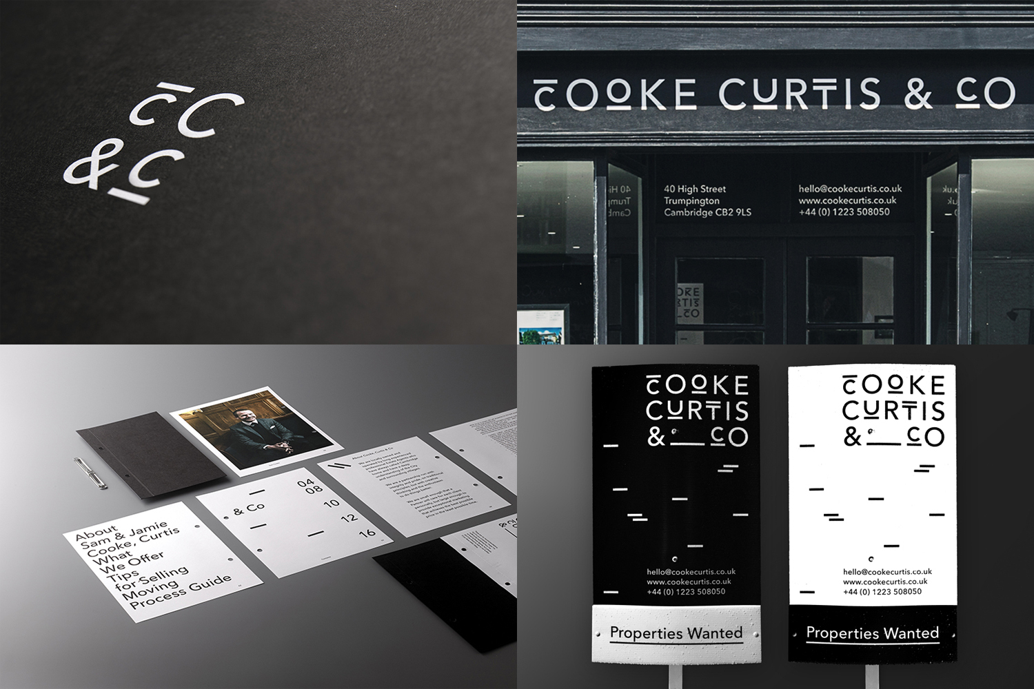 Four-panel brand identity presentation for Cooke Curtis and Co featuring typographic logo, storefront, stationery, and signage.