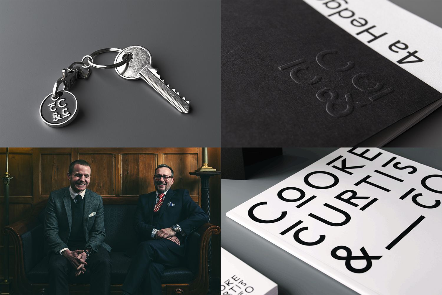 Four-panel brand identity presentation featuring a branded keyring, debossed stationery, two men in suits, and bold typography.