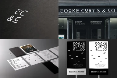 Four-panel brand identity presentation for Cooke Curtis and Co featuring typographic logo, storefront, stationery, and signage.