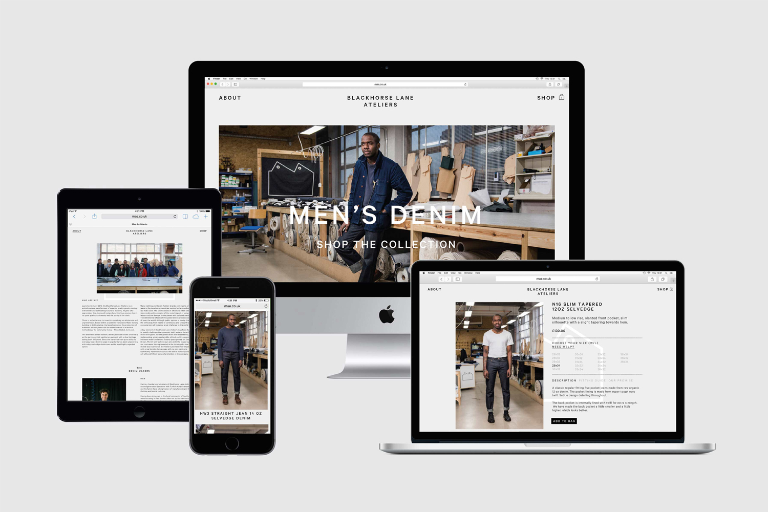 Digital mockups of Blackhorse Lane Ateliers website displayed across multiple Apple devices against a grey background.