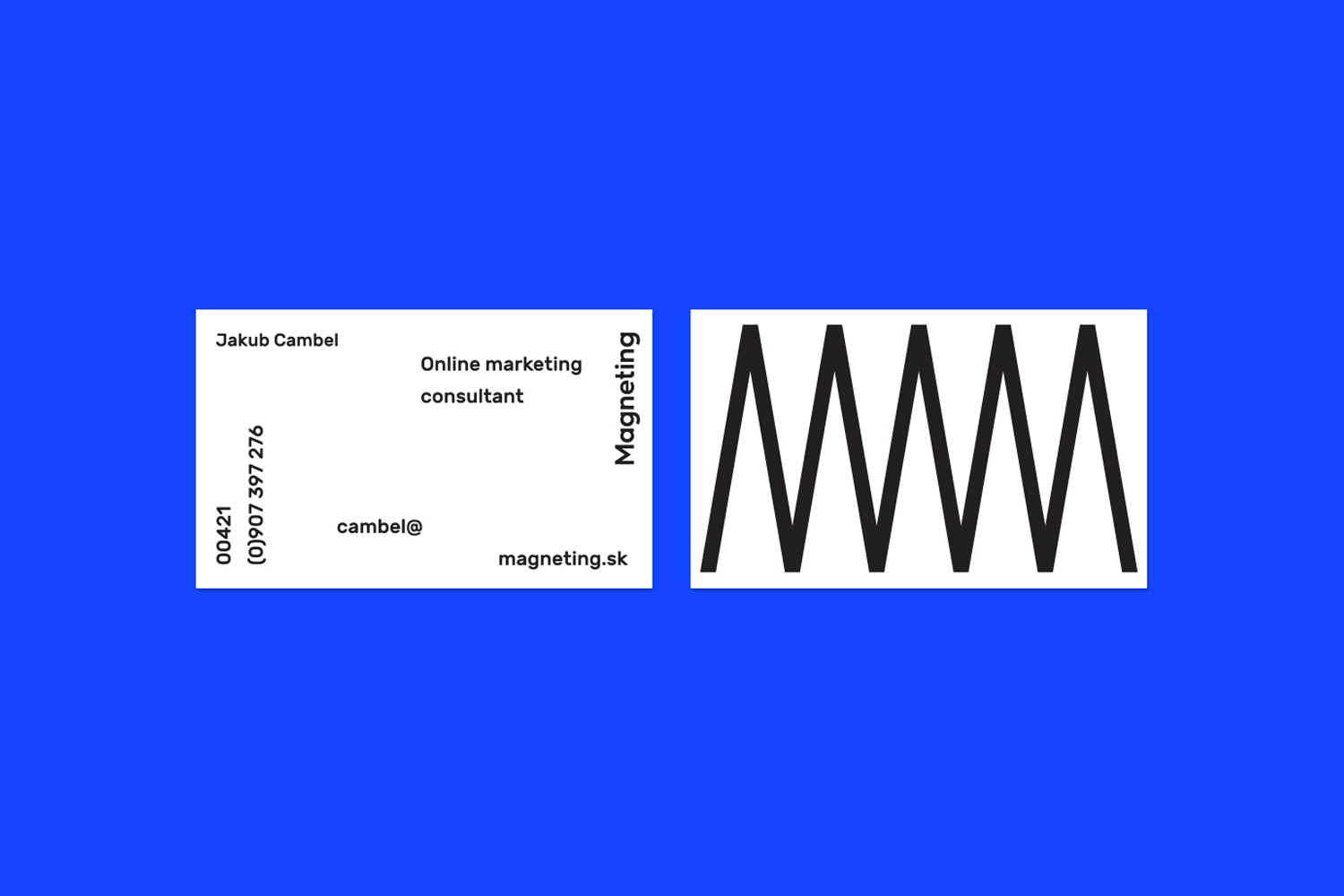 Two white business card mockups displayed against a vibrant blue background, showing minimalist typography and a bold black M logo.