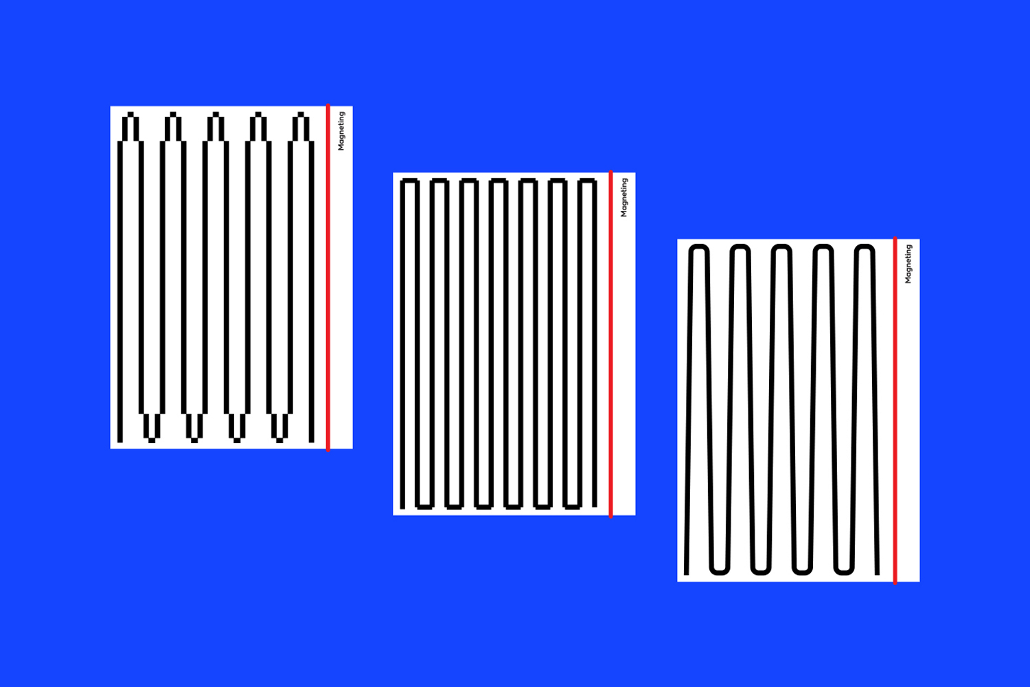 Three vertical white rectangular posters featuring black graphic line patterns against a vibrant solid blue background.