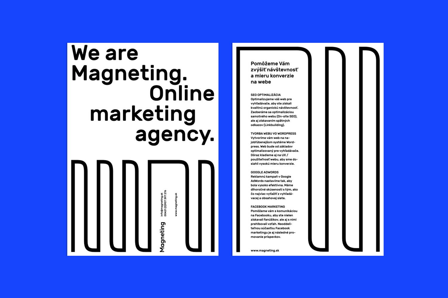 Graphic design brand identity layout for Magneting featuring bold typography and clean black and white branding elements on vibrant blue.