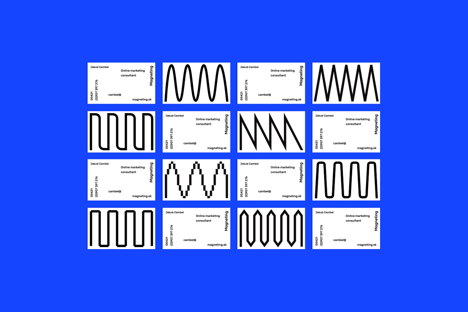 Collection of white business cards with bold black wave graphics arranged in a grid on a bright blue background