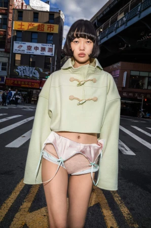 Model in pale green toggle jacket wearing pink lingerie standing on a city street.