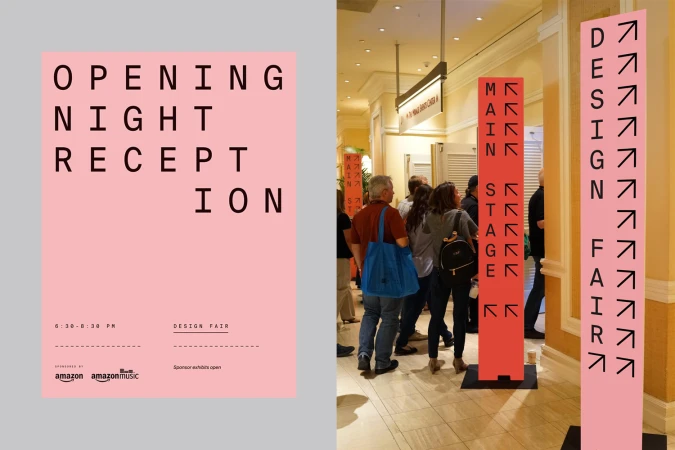 Pink graphic signage with black text reading OPENING NIGHT RECEPTION next to a photo of people in a hotel lobby