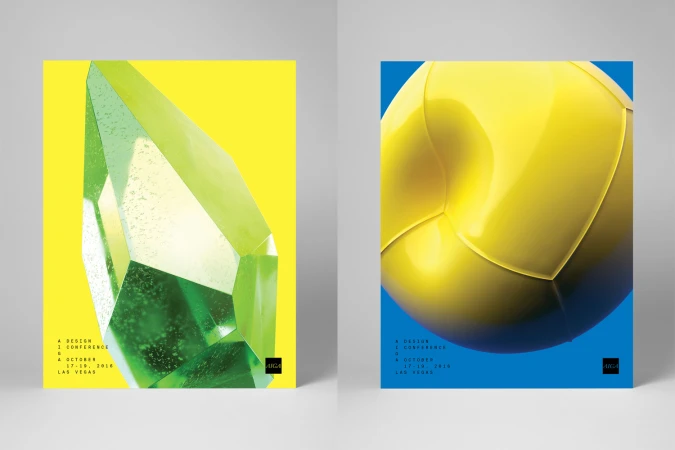 Two graphic design posters displayed side by side featuring 3D geometric rendered shapes against solid yellow and blue backgrounds.