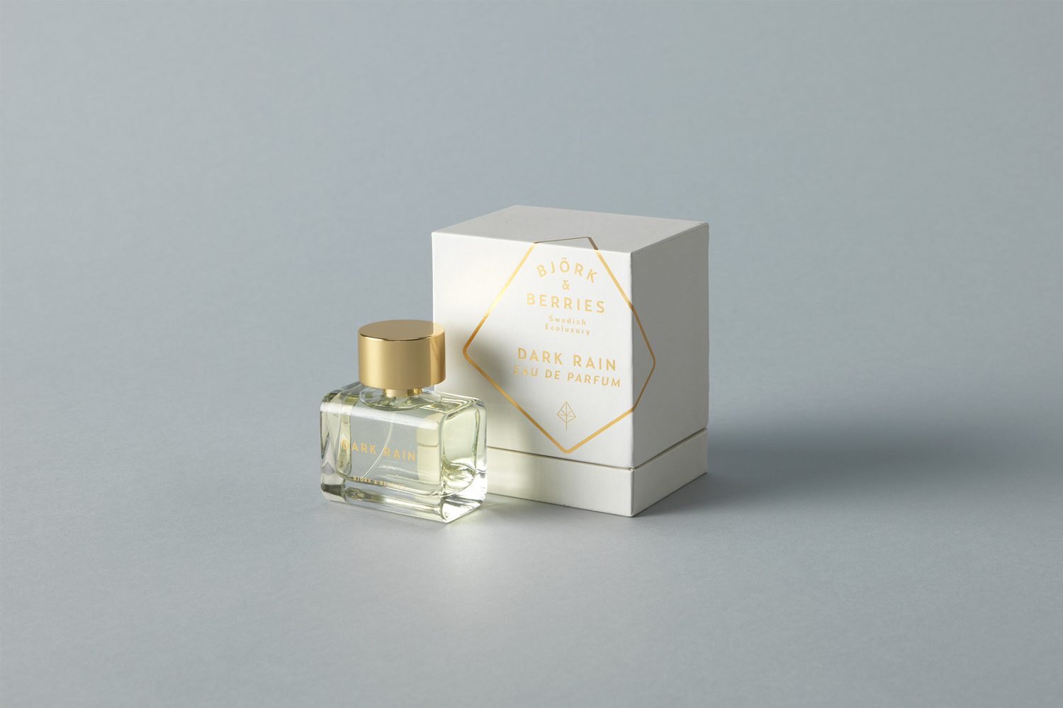 Bjork and Berries Dark Rain perfume bottle next to its white packaging box on a smooth grey seamless background
