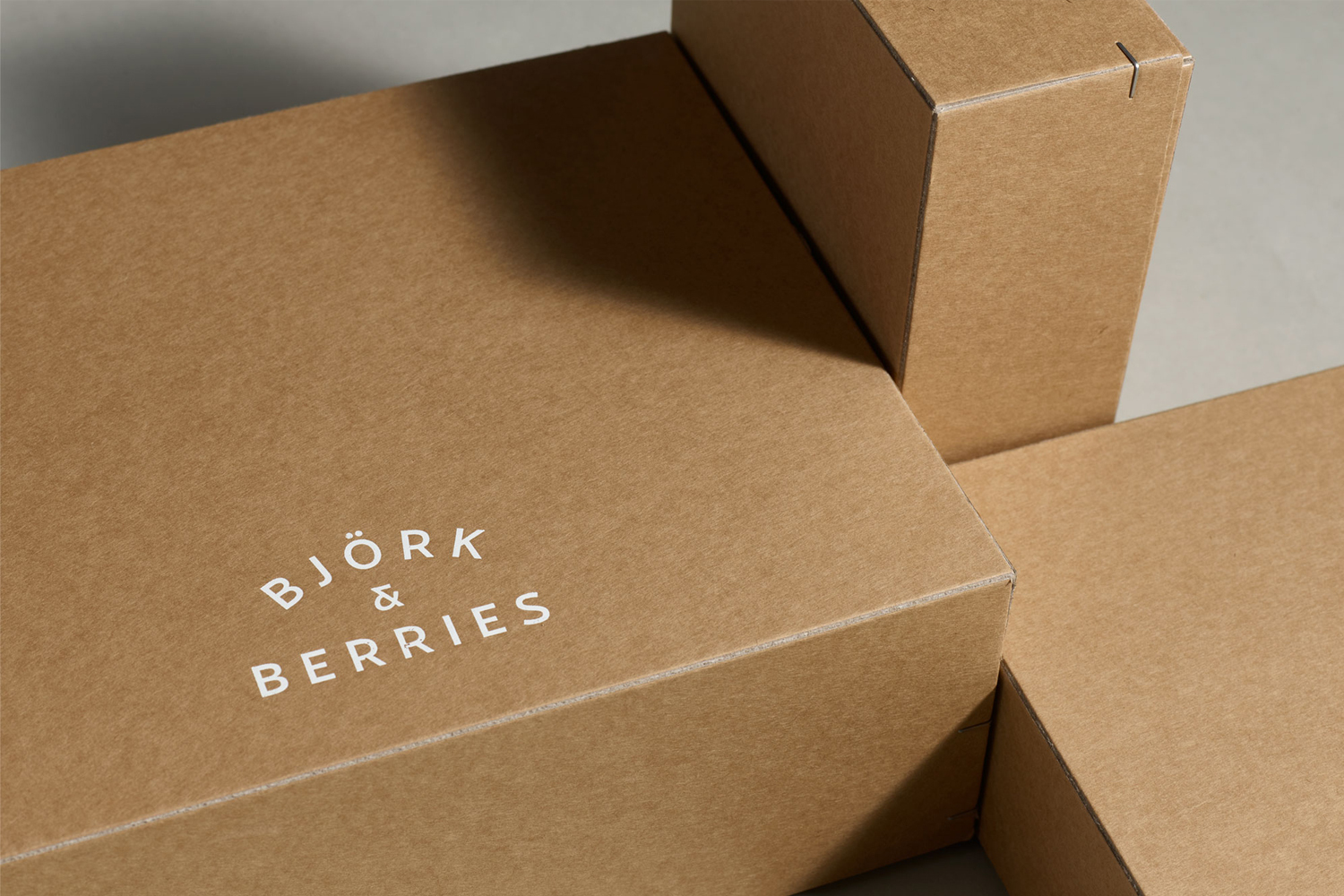 Cardboard packaging boxes with printed Bjork and Berries brand logo on a neutral grey background.