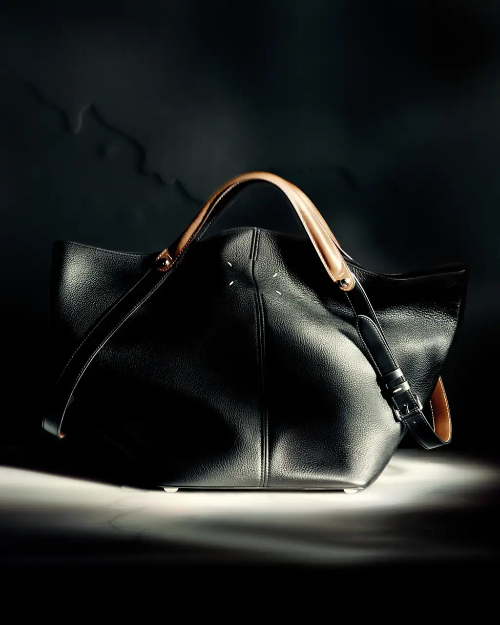 Black leather handbag with tan leather handles centered in a dramatic moody spotlight against a dark textured background.