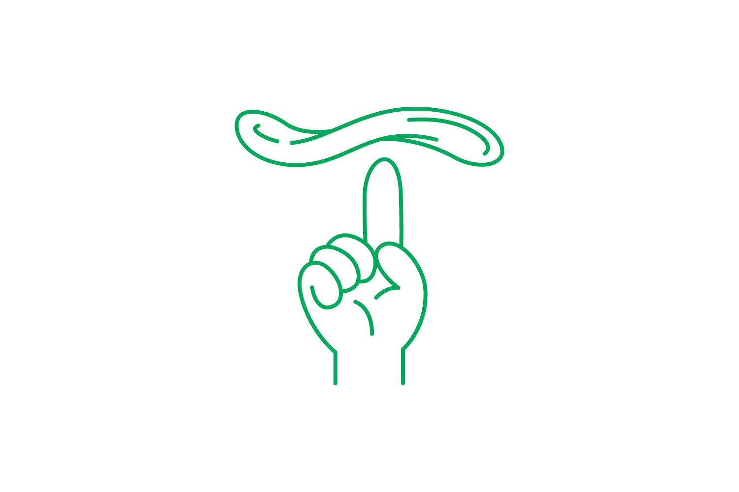 Green vector line art illustration of a hand pointing up with a wavy line above it on a white background