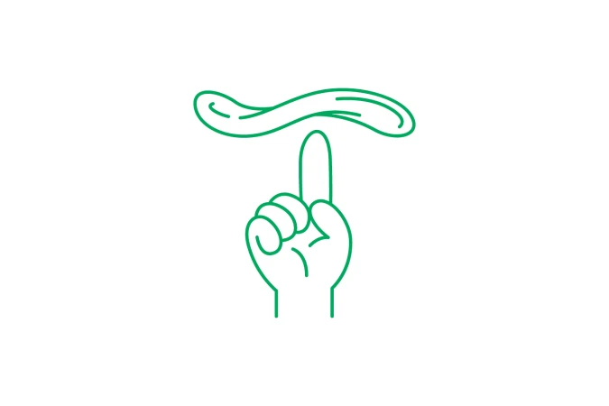 Green vector line art illustration of a hand pointing up with a wavy line above it on a white background