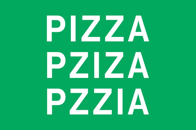 Bold white typography spelling PIZZA in playful variations set against a solid green background