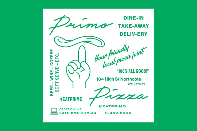 Green and white graphic identity poster for Primo featuring a finger spinning pizza dough and handwritten typography.