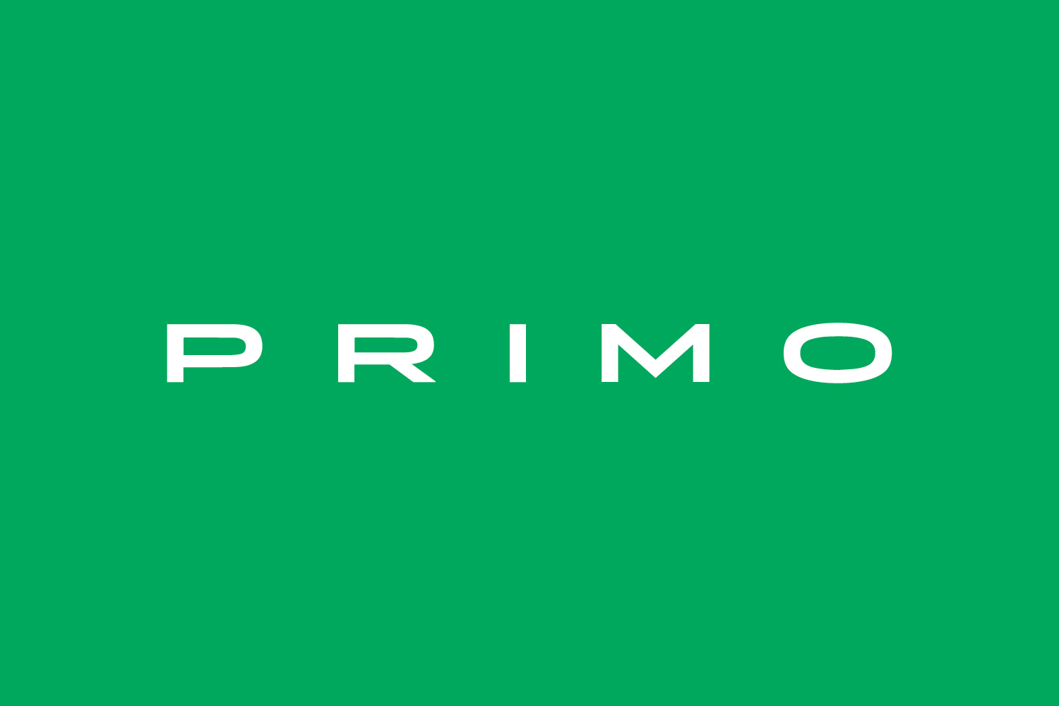 Primo brand logo featuring white uppercase typography centered on a solid vibrant green background