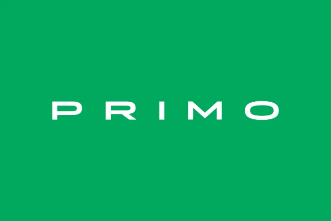 Primo brand logo featuring white uppercase typography centered on a solid vibrant green background