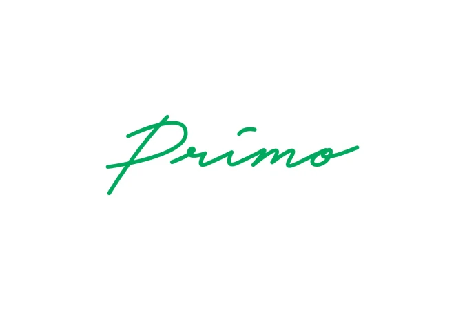 Green cursive Primo brand logo wordmark centered on a clean white background