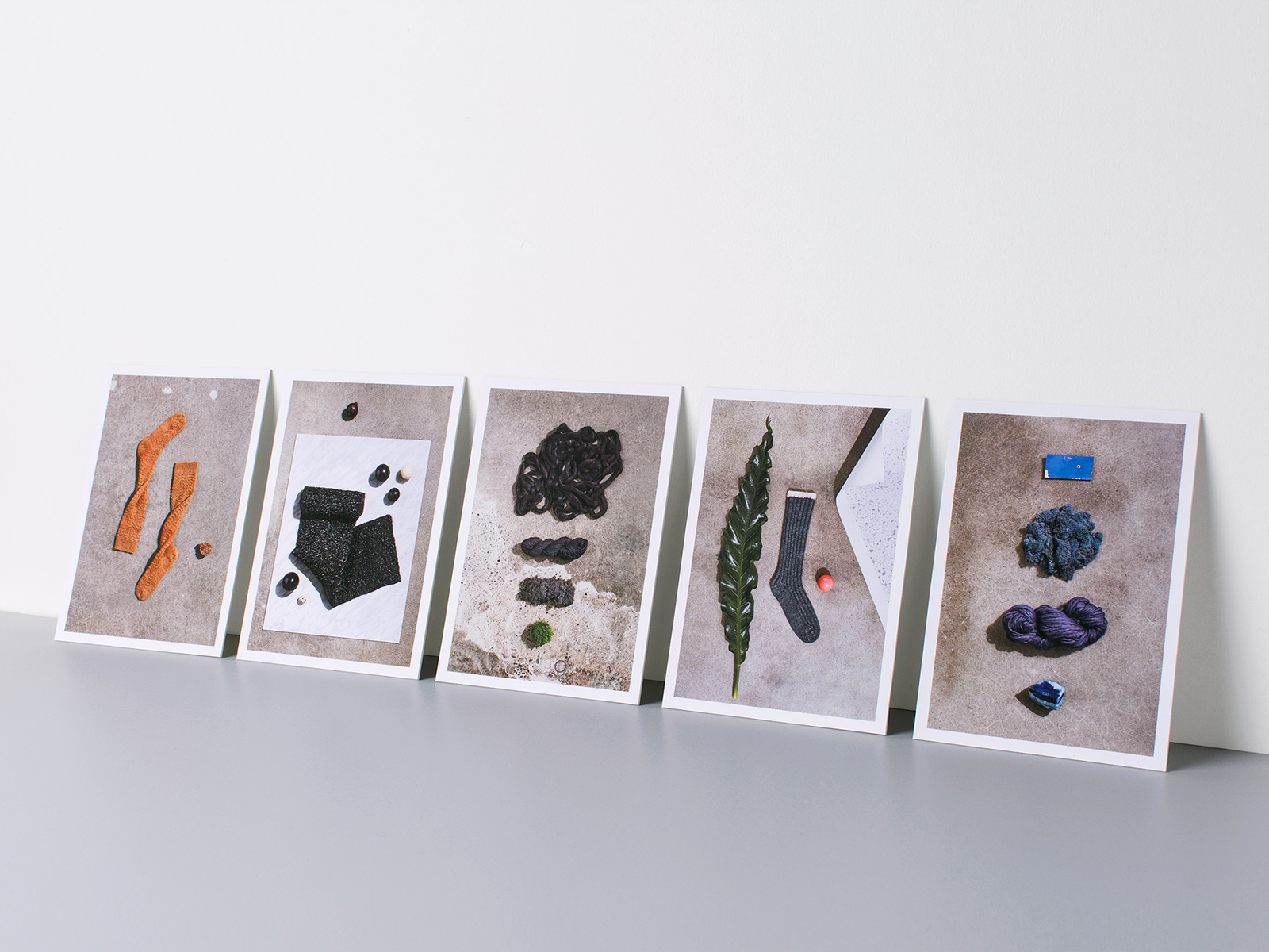 Five framed photographic prints arranged in a row featuring organic textures, yarn, and foliage against a white wall.