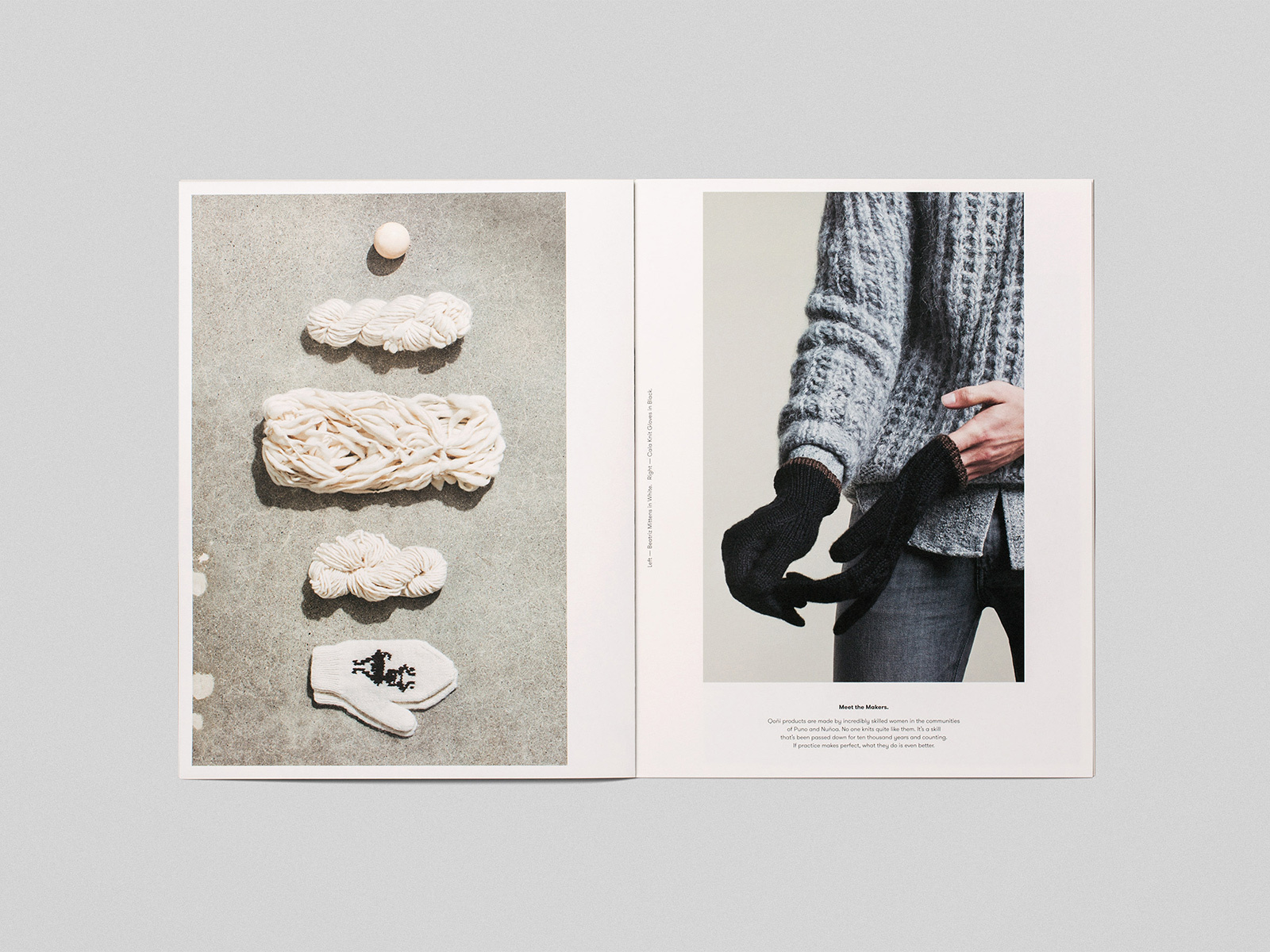 Open publication spread displaying knitwear items, yarn hanks, and a person wearing a textured wool sweater and black gloves.