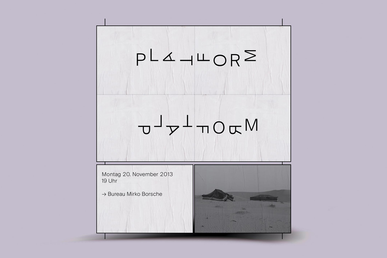 Graphic poster featuring stylized typography and a monochrome desert image designed by Bureau Borsche.