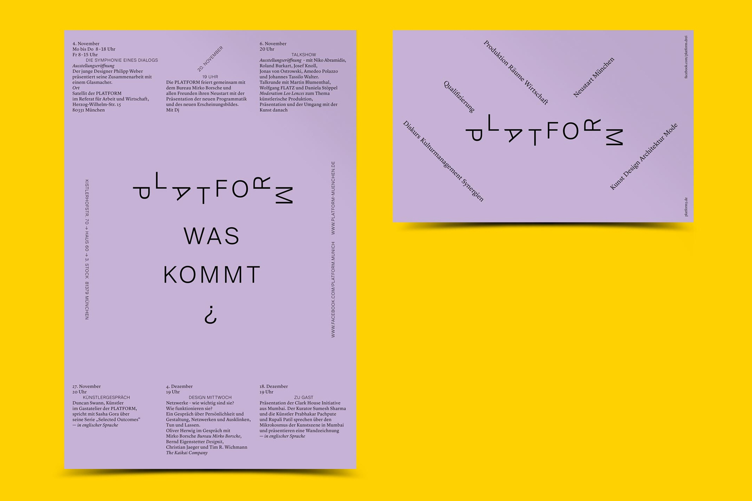 Platform brand identity graphic design featuring purple promotional posters and typography by Bureau Borsche against a solid yellow backdrop