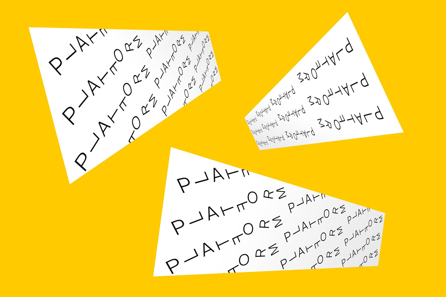 Three tilted white rectangular banners featuring repeated Platform typography set against a vibrant yellow background