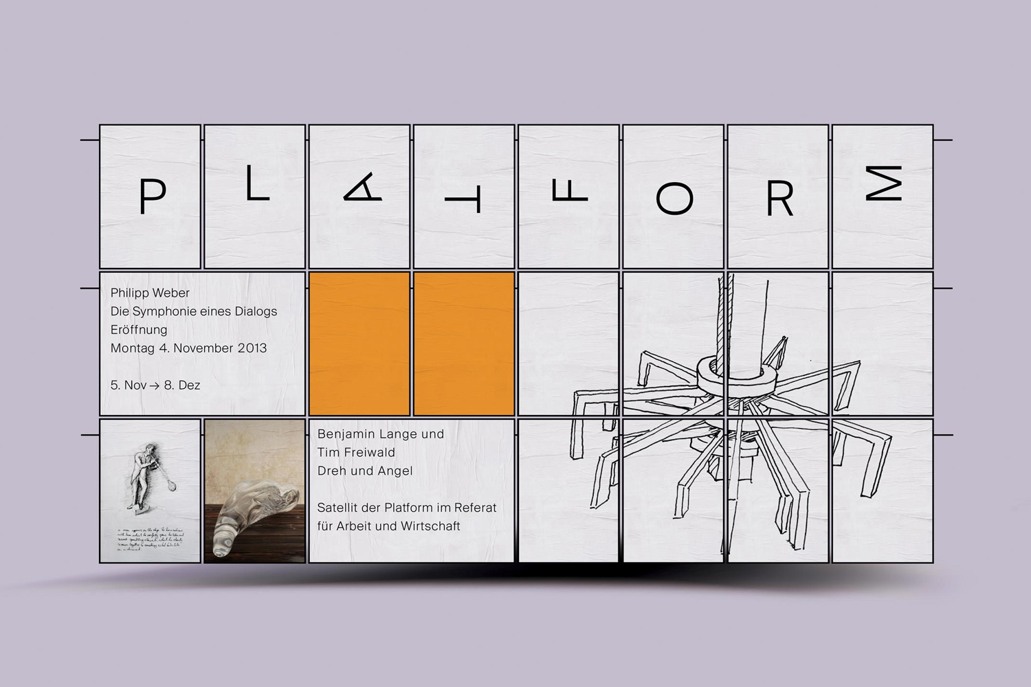 Graphic design grid featuring typography spelling Platform and architectural illustrations by Bureau Borsche