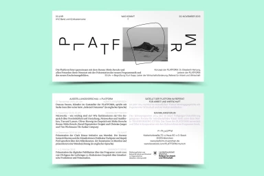 Exhibition invitation card featuring bold geometric typography and a central black-and-white image circled with a hand-drawn line.