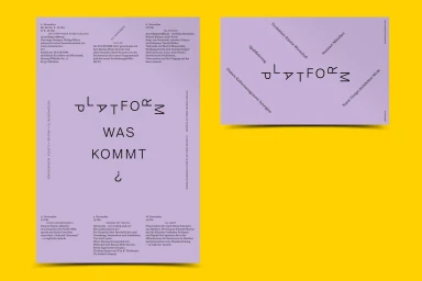 Platform brand identity graphic design featuring purple promotional posters and typography by Bureau Borsche against a solid yellow backdrop