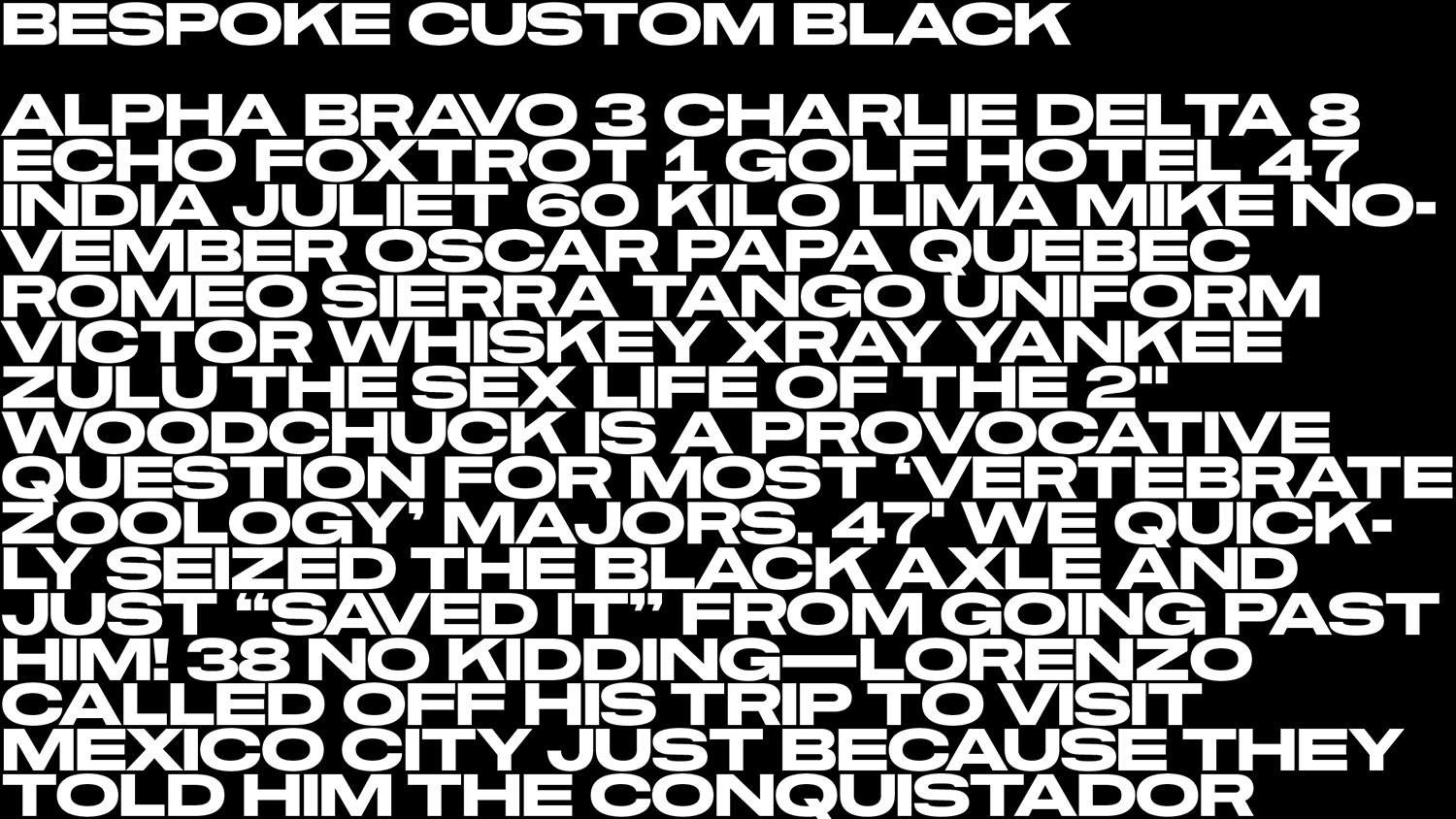 Bold white sans-serif typographic layout featuring extensive custom copy on a solid black background.
