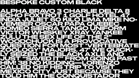 Bold white sans-serif typographic layout featuring extensive custom copy on a solid black background.