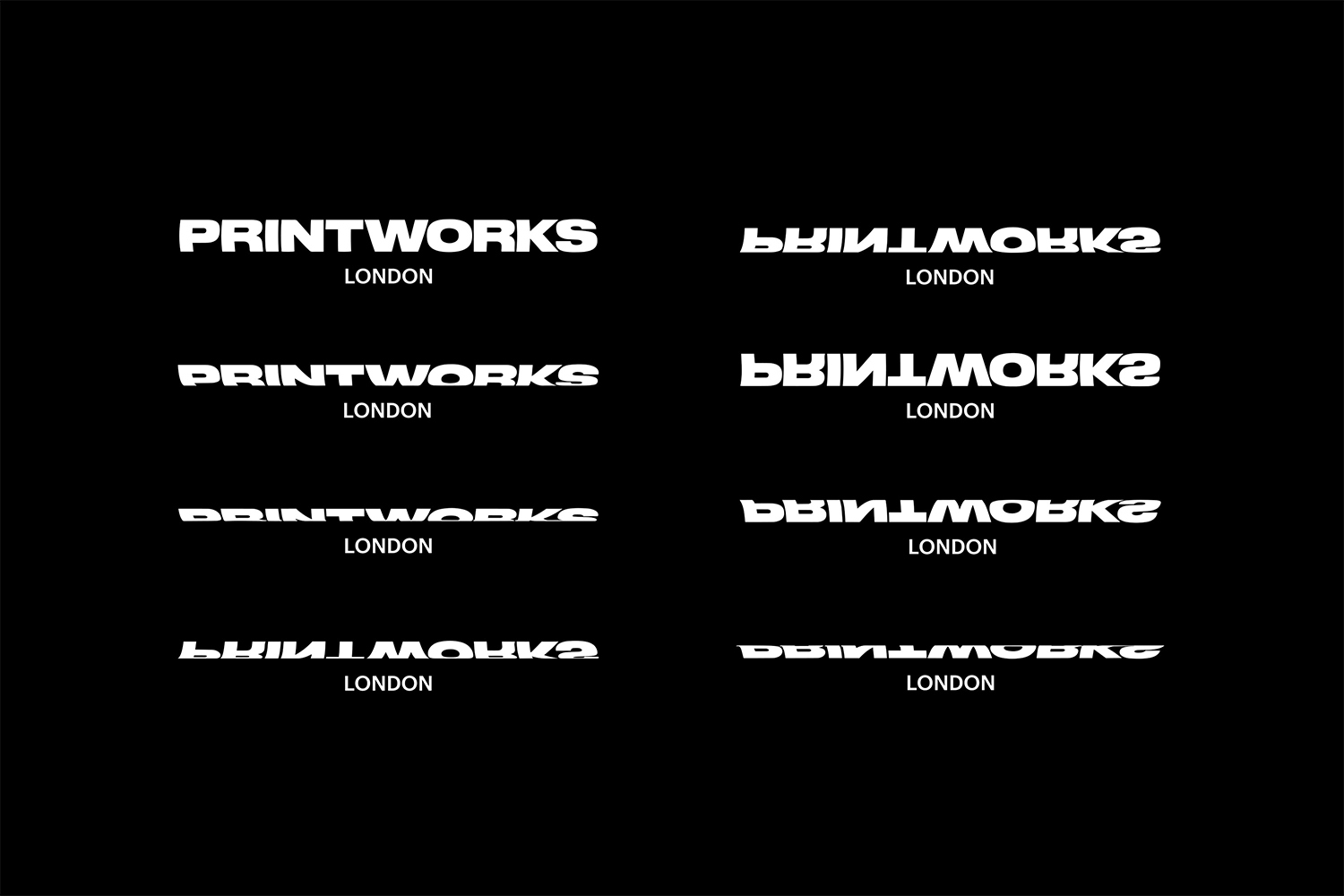 Printworks London brand identity logo design showing typographic wordmark distortions on black background