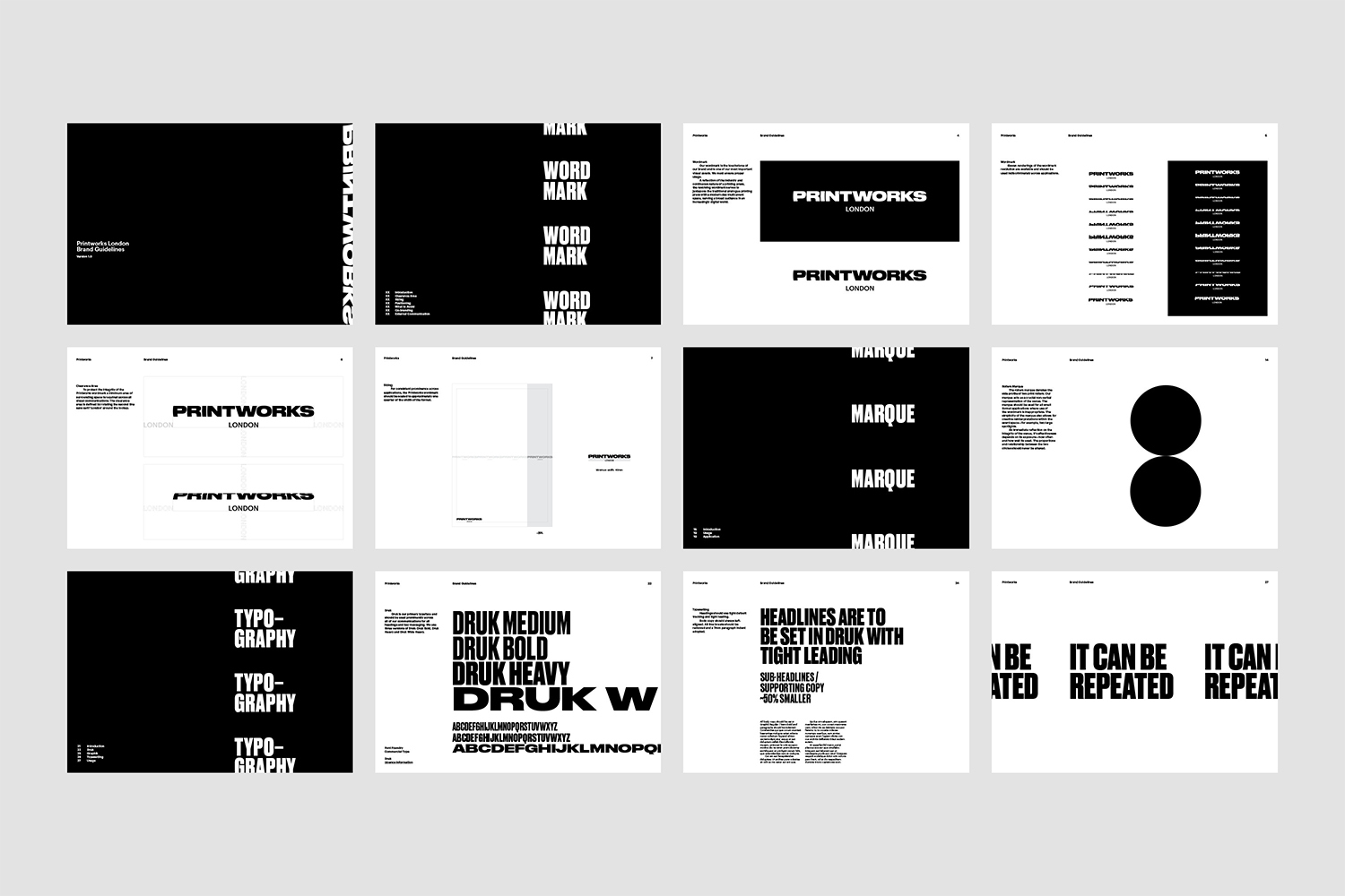 Monochrome brand identity guidelines layout featuring bold typography and logo variations for Printworks London.