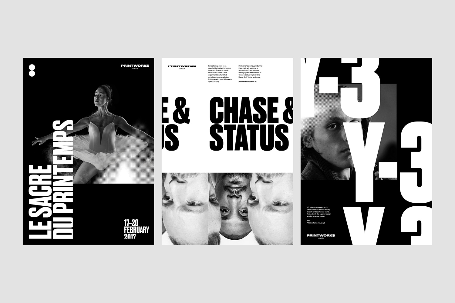 Three black and white graphic design posters for Printworks London featuring bold typography and imagery.
