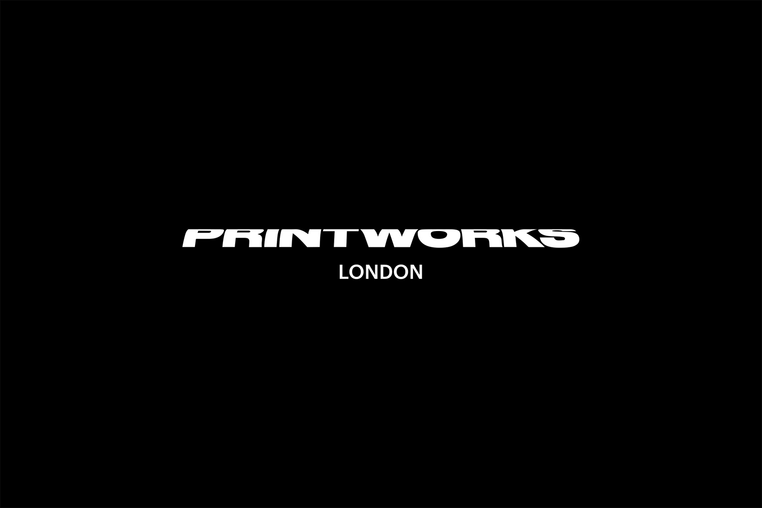 Printworks London brand identity logo in bold white typography centered on a solid black background.