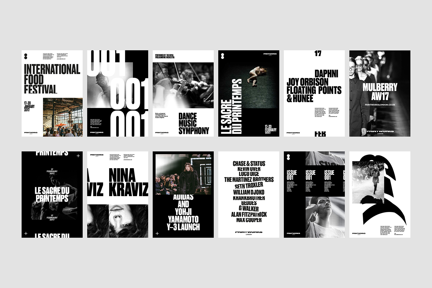 Collection of black and white graphic posters featuring bold typography and event photography for Printworks London