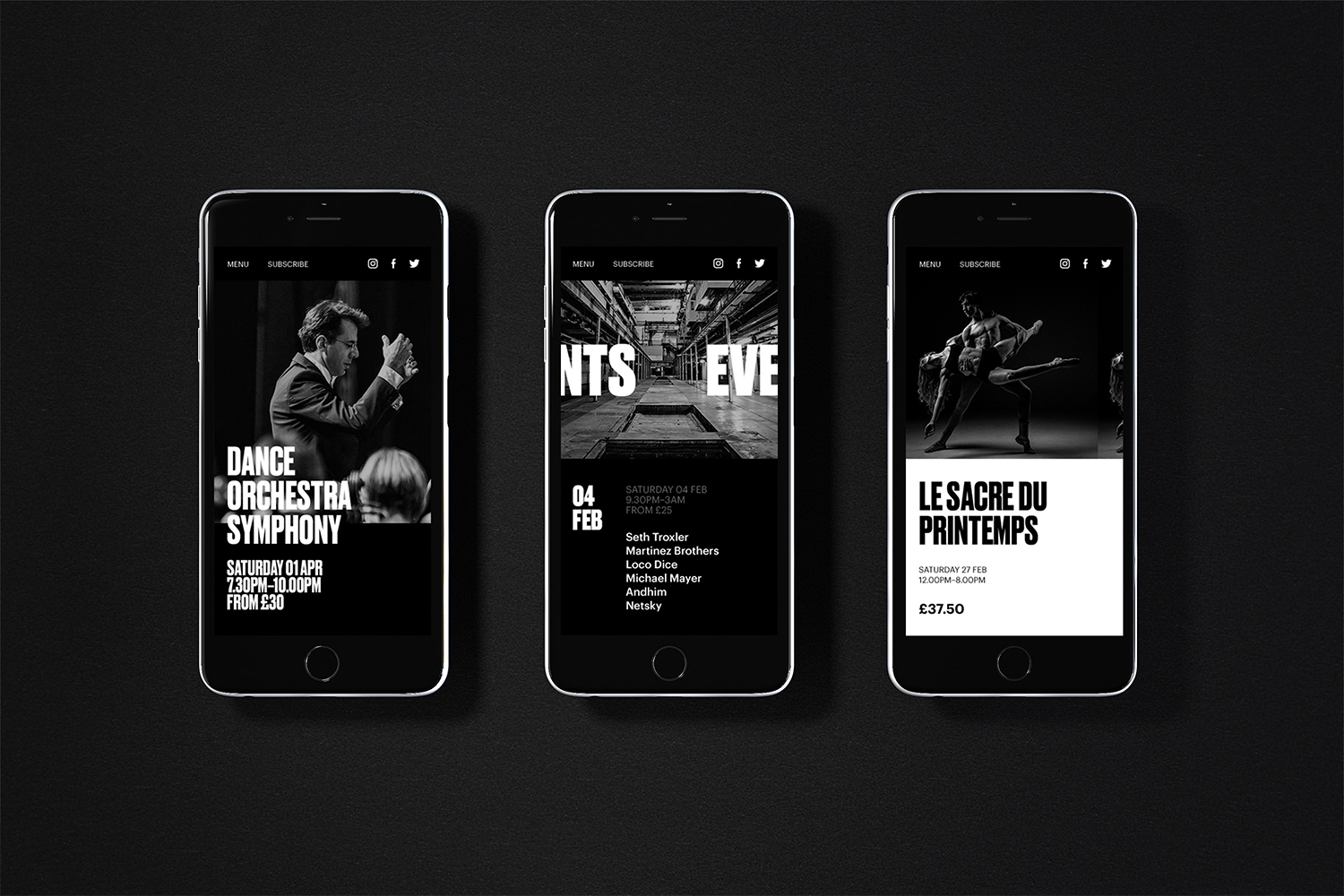 Three smartphones displaying black and white event website interfaces arranged horizontally on a dark textured surface.