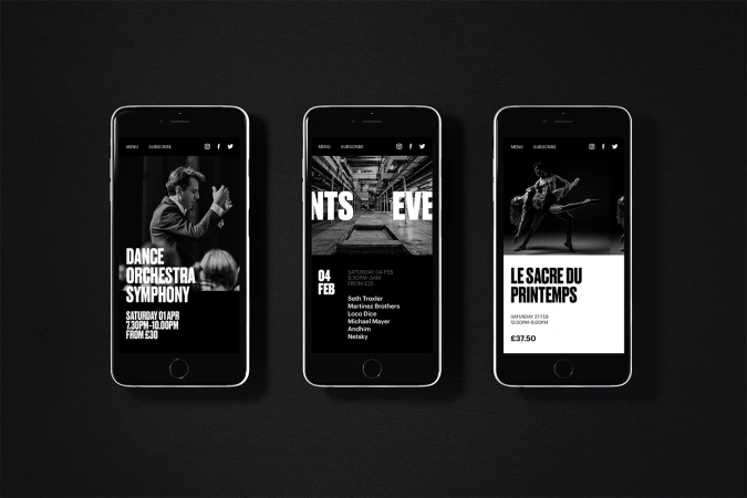 Three smartphones displaying black and white event website interfaces arranged horizontally on a dark textured surface.