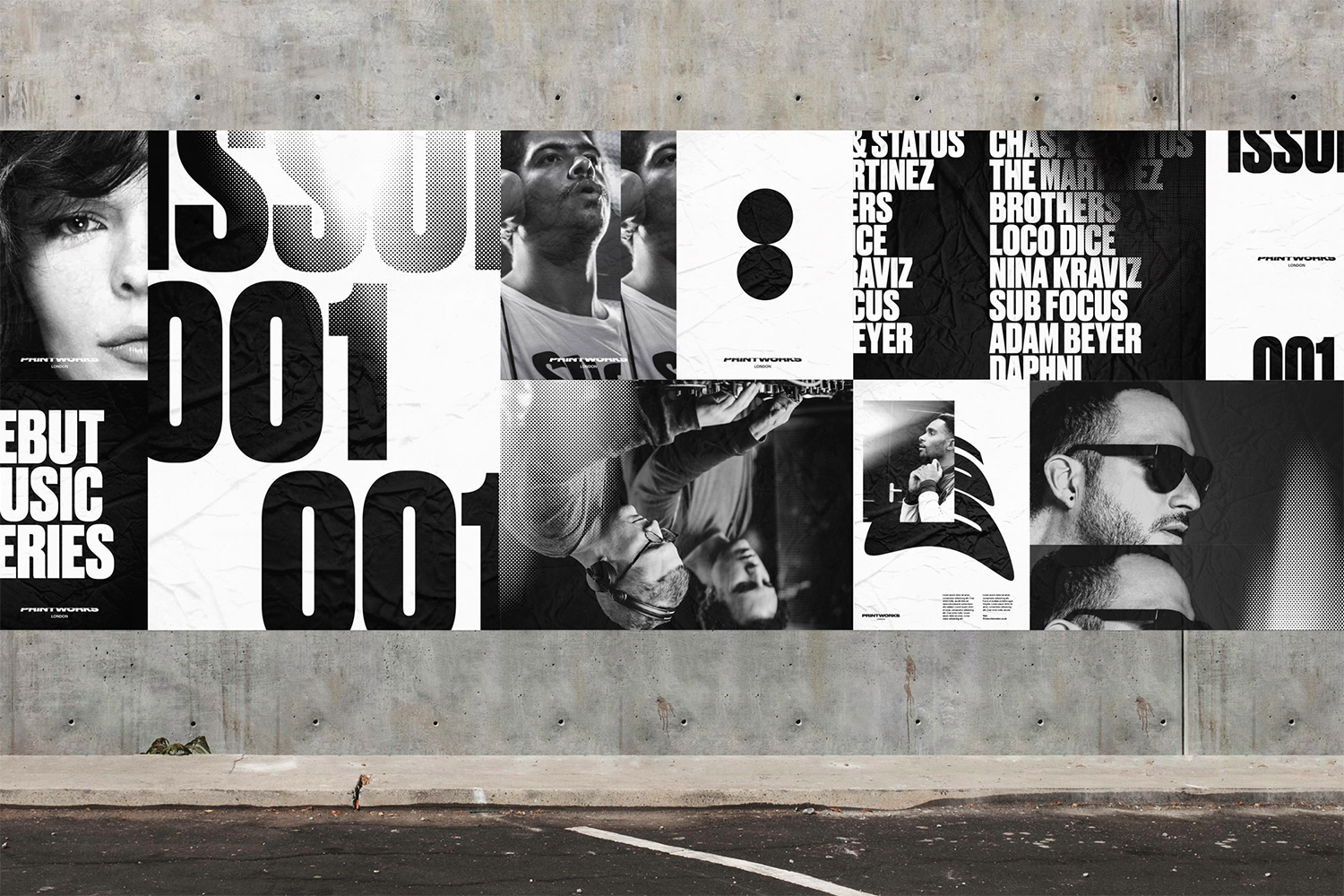 Monochrome graphic identity poster panels featuring bold typography and artist portraits pasted on a concrete wall.