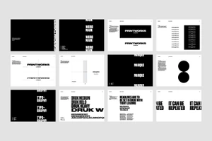 Monochrome brand identity guidelines layout featuring bold typography and logo variations for Printworks London.