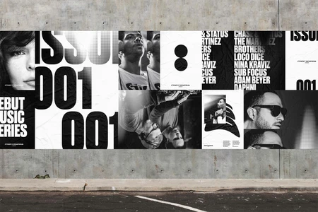 Monochrome graphic identity poster panels featuring bold typography and artist portraits pasted on a concrete wall.