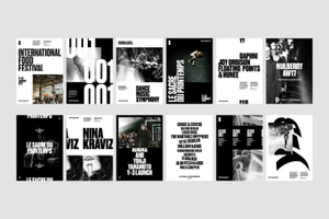 Collection of black and white graphic posters featuring bold typography and event photography for Printworks London
