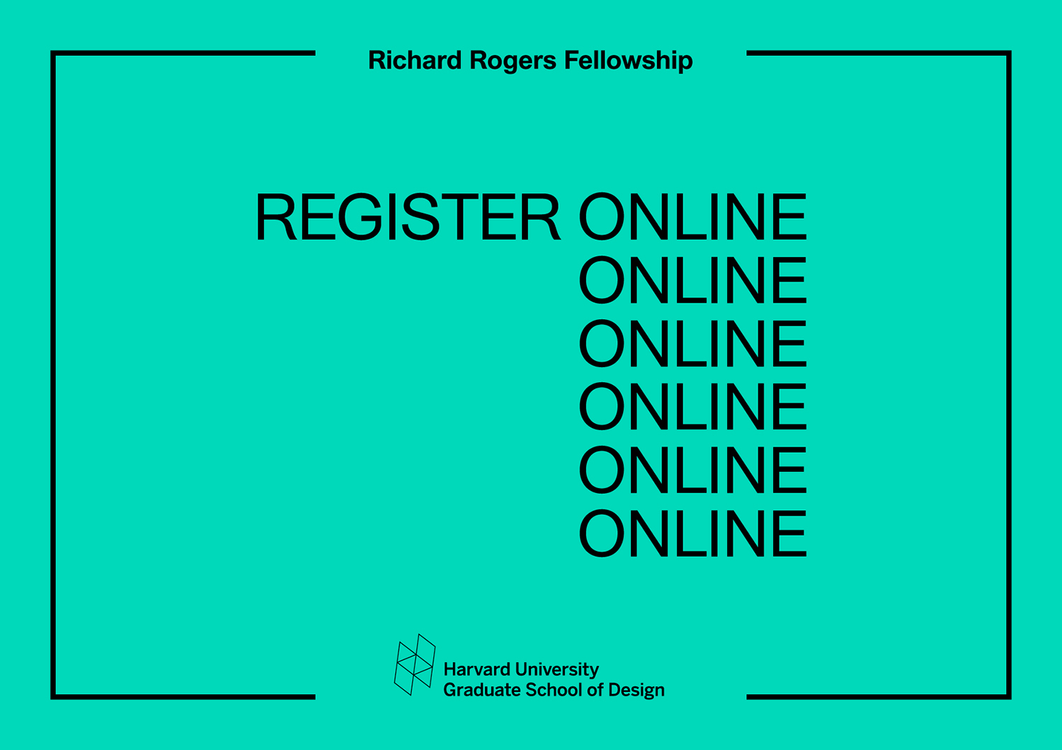 Graphic design poster featuring bold black typography with repeated word online on a bright turquoise background