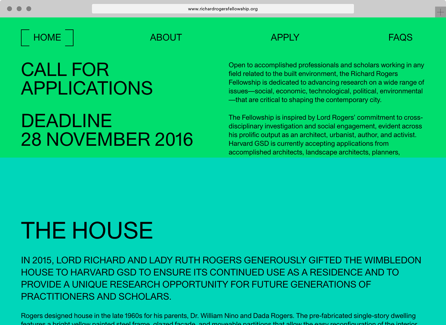 Web page screenshot for Richard Rogers Fellowship brand identity featuring bold typography and bright green background.