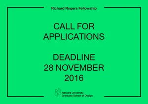 Call for applications poster for the Richard Rogers Fellowship featuring bold black typography on a bright green background.